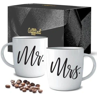 Image of Triple Gifffted Mr and Mrs Mugs Couples Gifts for Christmas, Wedding Anniversary, Engagement, Him Her, His Hers Newlywed, Bridal Shower Bride Groom, Couple Valentines Day Gift, Ceramic Cup, 380ML