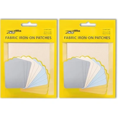 Image of ZEFFFKA 2PACK Fabric Iron on Patches Inside &amp; Outside Strongest Glue 100% Cotton Blue Gray Beige Brown Repair Decorating Kit 12 Pieces Size 3&quot; by 4 1/4&quot; (7.5 cm x 10.5 cm)