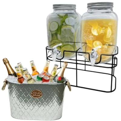 Image of Trendi 2 x 4L Glass Drinks Dispenser with Taps and Metal Stand 24L Cold GALVANISED Steel Oval Tub Outdoor ICE Bucket Cooler Beverage Beer Lager Drink Pail Cocktails Parties