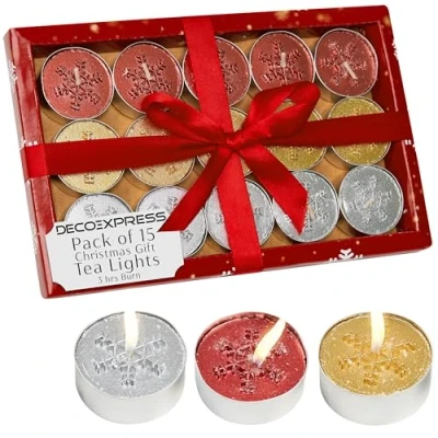 Image of DECO EXPRESS Christmas Tealight Candle Set, Multipack of 6, 12 or 15 with 2.5, 3 6 Hours Burning Time Festive Xmas Decor Unscented (Multi Pack)