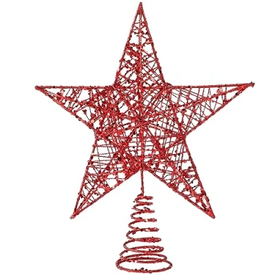 Image of VEYLIN Christmas Tree Topper, Red Glittered Hollow Topper Star for Ornament (Red)