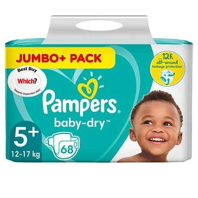 Image of Pampers Baby Dry Size 5+, 68 Nappies, 12kg 17kg, Jumbo+ Pack
