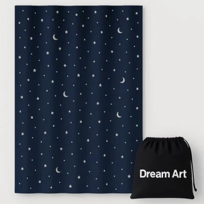 Image of Dream Art Anywhere Temporary Portable Blackout Curtain/Adjustable Shades Blinds with Suction Cups for Bedroom or Travel Use,Silver Moon&amp; Star Foil Print Blue Curtain,1 pc
