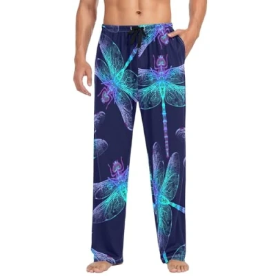 Image of Linomo Mens Pyjama Bottoms Galaxy Dragonfly Pyjamas Loungewear 100% Cotton Trouser Nightwear PJs Pants for Men Boys