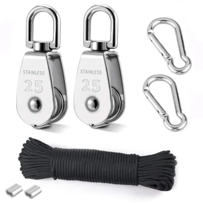 Image of TooTaci M25 Pulley Block Set,304 Stainless Steel System,25mm Single Wheels with 20M/4mm Nylon Rope,2pcs Carabiner Hooks,Use for Hoisting Items Indoor Outdoor