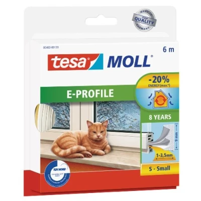 Image of tesa UK tesamoll E Profile Seal Self Adhesive Rubber Draught Excluder for Insulating Gaps in Windows and Doors White 6 m x 9 mm