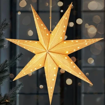 Image of BRUBAKER LED Christmas Star to Hang 23.6 inches (60 cm) Paper with 7 Tips 3D Advent Battery Powered, Hanging and Illuminated Window Deco Light Gold