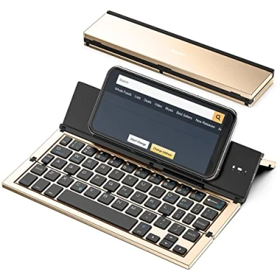Image of Foldable Bluetooth Keyboard, Geyes Folding Wireless Keyboard with Portable Pocket Size, Aluminum Alloy Housing, Carrying Pouch, for iPad, iPhone, and More Tablets, Laptops Smartphones(Gold)