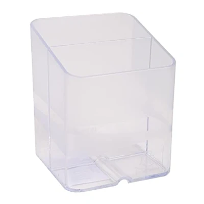 Image of Exacompta Ref 67723D PEN Pot CUBE 74 x 93mm in Size, 2 Compartments for Organising Pens &amp; Pencils, Groove Underneath to Feed Cables Office Clear