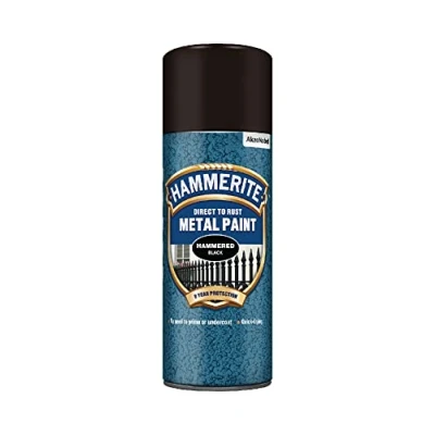 Image of Hammerite Spray Paint for Metal. Direct to Rust Exterior Black Metal Paint, Hammered Finish. Corrosion Resistant and Remover, 8 Year Protection 400ml Aerosol 0.5 SqM Coverage​