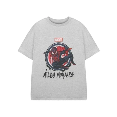 Image of Marvel Spider Man Miles Morales Boys Grey T Shirt Graphic Short Sleeved Tee for Kids Jumping Spiderman Design Officially Licensed Superhero Merchandise Apparel