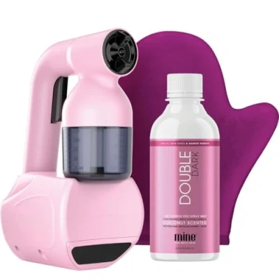 Image of MineTan Personal Spray Tan Machine Pink At Home Tanning Kit Lightweight, Handheld Portable Self Tanner, With 8oz Double Dark Profressional Mist &amp; Mitt, Works All Sunless Solutions