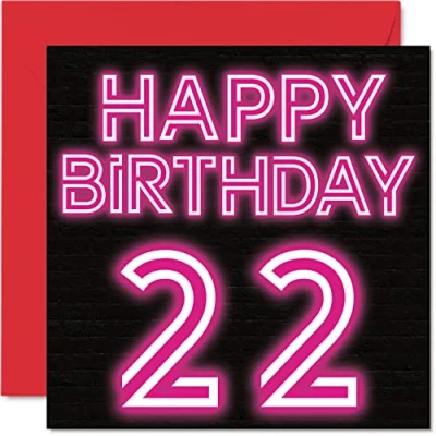 Image of Fun 22nd Birthday Cards for Men Woman Neon Glow Happy Card Son Daughter Brother Sister Grandson Granddaughter Niece Nephew Uncle, 145mm x Greeting Cards,