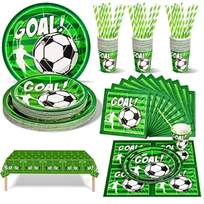 Image of Nkaiso 126 Piece Party Tableware, Football Theme Kids Birthday Decoration Accessories Set, Paper Cups Plates Napkins for Wedding Shower Engagement (25 Guests)