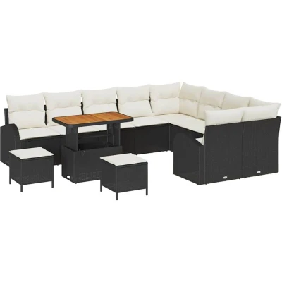 Image of vidaXL 12 Piece Garden Sofa Set with Cushions Black Poly Rattan Acacia