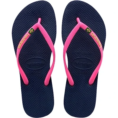 Image of Havaianas Slim Brasil Logo, Women’s Flip Flops, (Navy Blue), 2.5 UK (37/38 EU)