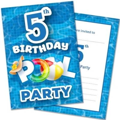 Image of Olivia Samuel Pack of 20 Pool Party 5th Birthday Invitations with Envelopes Ready to Write Designed and Printed in the UK