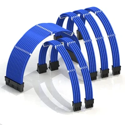 Image of LINKUP AVA 30cm PSU Cable Extension Sleeved Custom Mod GPU PC Braided w/Comb Kit Compatible with RTX3090┃1 x 24 P (20+4)┃2 8 (4+4) CPU┃3 (6+2) set┃300mm Blue