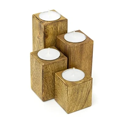 Image of Set Of 4 Mango Wood Tealight Holders Piece Wooden Votive Candle Holder With Tealights Square Rustic Tea Light