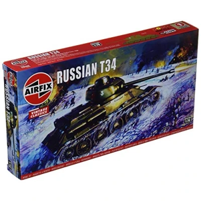 Image of Airfix Vintage Classics Set A01316V Russian T34 Plastic Model Tank Kits for Adults &amp; Children 8+, Includes 58 Pieces, Sprues Decals 1:76 Scale