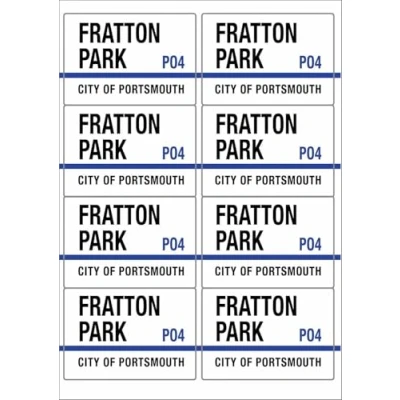 Image of Fratton Park PO4 City of Portsmouth Road Sign Rectangular Matt Paper Stickers A4 Sheet 8 (Each Sticker is 99mm x 68mm)