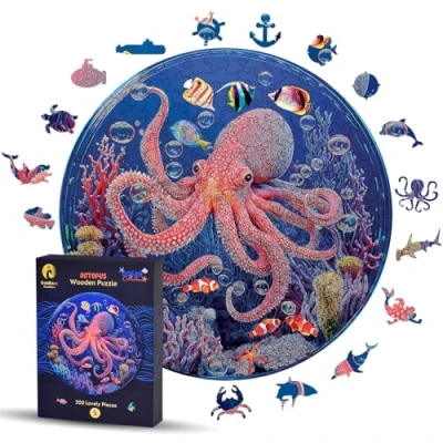 Image of Wooden Jigsaw Puzzles For Adults And Kids Animal Round Ocean Puzzle Birthday Idea (S, Octopus)