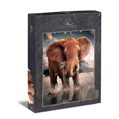 Image of Ulmer Puzzleschmiede Puzzle &quot;Red Giant&quot; Impressive Elephant with 1000 Pieces the Mighty from Tsavo/Africa Grains in Savannah Animal Made Germany