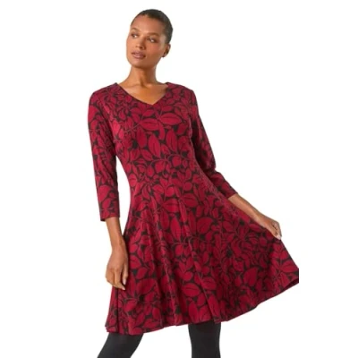 Image of Roman Originals Fit &amp; Flare Skater Dress for Women UK Ladies Tea Stretch Jersey Casual Summer Occasion Evening Cocktail Party Smart Holiday V Necked Knee Length Red Black Size 12