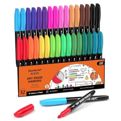 Image of Shuttle Art 32 Pack Whiteboard Pens, 16 Colours Markers, Fine Point Dry Wipe Pens for Writing, Drawing on Whiteboards, Weekly Planner, Glass School Office Home