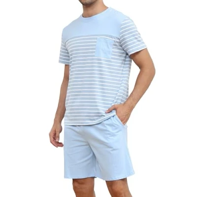 Image of Reliwel Mens Pyjamas Set Cotton Short Sleeve Striped T Shirt and Shorts 2 Piece Round Neck Summer Loungewear Sets Sleepwear Nightwear Pj&#039;s S XXL Light Blue