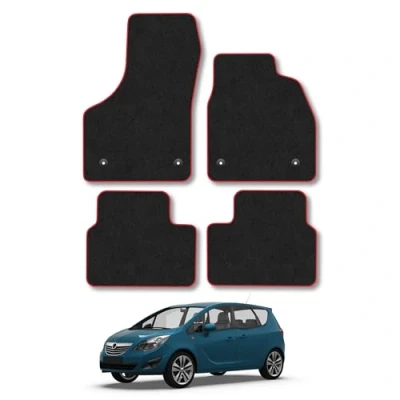 Image of Car Mats Compatible with Vauxhall Meriva B (2010 2017) Tailored Fit Red Trimmed Carpet Floor Mat Set Accessory Black Custom Fitted 4 Pieces Clips Anti Slip Backing &amp; Trim Edging