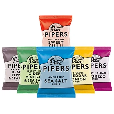 Image of Pipers Crisps Mixed Variety Snack Box (24 x 40g Pack) Salted, Salt &amp; Vinegar, Cheese Onion, Sweet Chilli, Black Pepper, Jalapeño