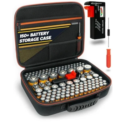 Image of AKIELO+ Battery Storage Case (Holds 150+ More) with Tester and Screwdriver Included Clutter Free Organiser Holder Batteries AAA, AA, C, D, 9V (Not Included)