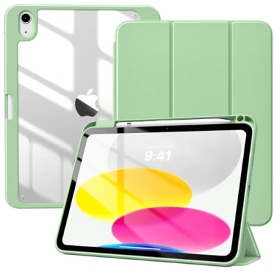 Image of TiMOVO for iPad 10th Generation Case with Pencil Holder 10.9 Inch 2022, Hybrid Slim Tri fold Stand Protective Cover Clear Back 10, Green