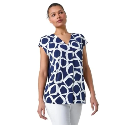 Image of Roman Womens Circle Ring Print V Neck Stretch Top Navy Size 12 UK