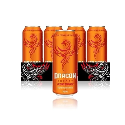 Image of Dragon Energy Blood Orange Drink, High Caffeine Content, Taurine and BVITS, Vegetarian, Gluten Free, Proudly British, 100% Recyclable 12 x 500 ml Cans