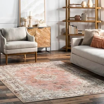Image of nuLOOM Ren Machine Washable Vintage Floral Area Rug, 4&#039; x 6&#039;, Peach