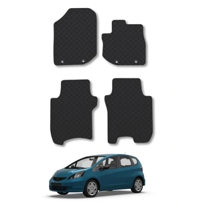 Image of Rubber Car Mats Compatible with Honda Jazz (2011 2015) Tailored Fit Floor Set Accessory Black Custom 4 Pieces Clips Anti Slip Backing, Heavy Duty &amp; Waterproof