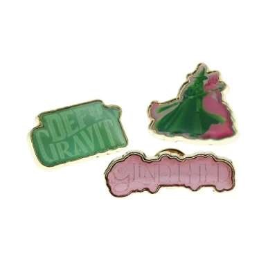 Image of Wicked the Musical Enamel Pin Badges, Glinda and Elphaba, &#039;Glinda Fied&#039;, &#039;Defy Gravity&#039;, Set of 3
