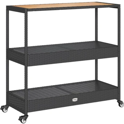 Image of vidaXL Bar Cart 3 Tier Black Poly Rattan and Solid Wood Acacia