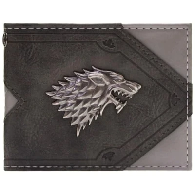 Image of Westeros Game of Thrones House Stark Silver Direwolf Emblem Wallet Bi Fold ID &amp; Card Holder, Grey