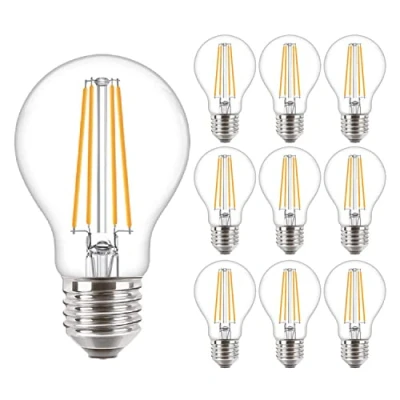Image of 10 Pack Philips Classic LED Clear Filament GLS A60 Lamp 7W (60W) E27 ES Large Edison Screw 2700k Warm White 806 Lumen 15000 Hours Car Air Freshener Included 80+ CRI