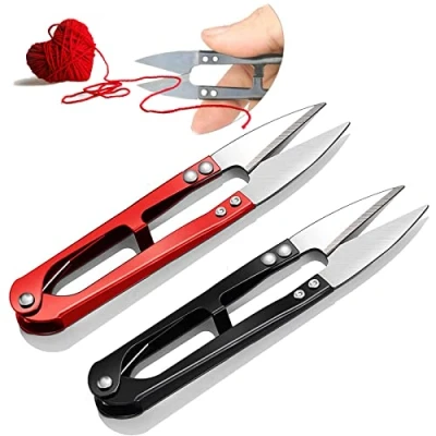 Image of 2Pcs U Shaped Sewing Scissors, Mini Trimmer Snips, Plant Leaf Trimming Scissors for Embroidery, Fabric Cutting, Crafting, DIY Supplies(Black, Red)
