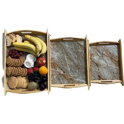 Image of electromax Nest of 3 Serving Trays, Bamboo Tray Set, Breakfast Trays,Bamboo Food Trays with Carry Handles, Easy to Store, Durable and Clean,(marble)