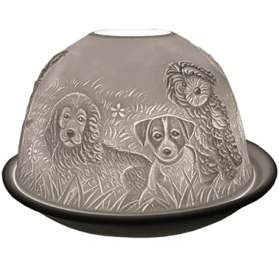 Image of Cello Porcelain Tealight Holder Dome, Puppies Design, a Candle Projecting 3D Loving Image. Dog Ornaments Use With Tealights or LED lights Gifts For Lovers.