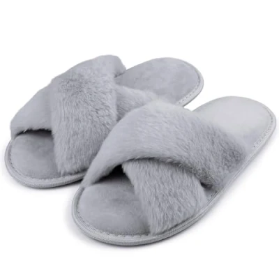 Image of riemot Slippers Women Fluffy Slipper Memory Foam Cross Band Furry Open Toe Ladies Soft Fur Warm Plush Home Anti Slide House Shoes for Girls Indoor Outdoor,Grey,UK 5 6