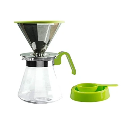Image of Lucenté Contemporary Coffee Drip Filter Set 600ml / 20 fl oz Capacity Borosilicate Glass Jug with Lid, Stainless Steel Filter, Tray &amp; Scoop.