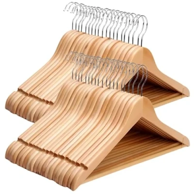 Image of KARAN KING Coat Hangers Set 40 Pack Wooden For Clothes Round Trouser Bar and Shoulder Notches Strong Suits, Trousers, Shirts &amp; More (Pack of 40)