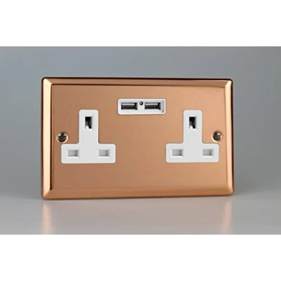 Image of Varilight Classic Polished Copper 2 Gang 13 Amp Unswitched Socket + x 5V DC 2100mA USB Charging Ports