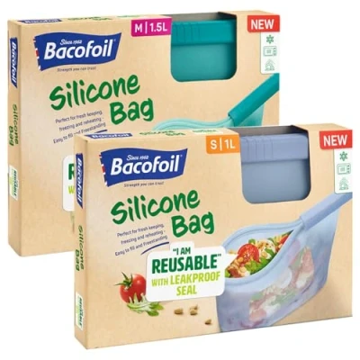 Image of Bacofoil Reusable Silicone Food Bags Storage for Fresh Produce, Meal Prep, Soups Freezer Storage, Freezing &amp; Reheating Microwave Dishwasher Safe, 2 Pck, 1L 1.5L